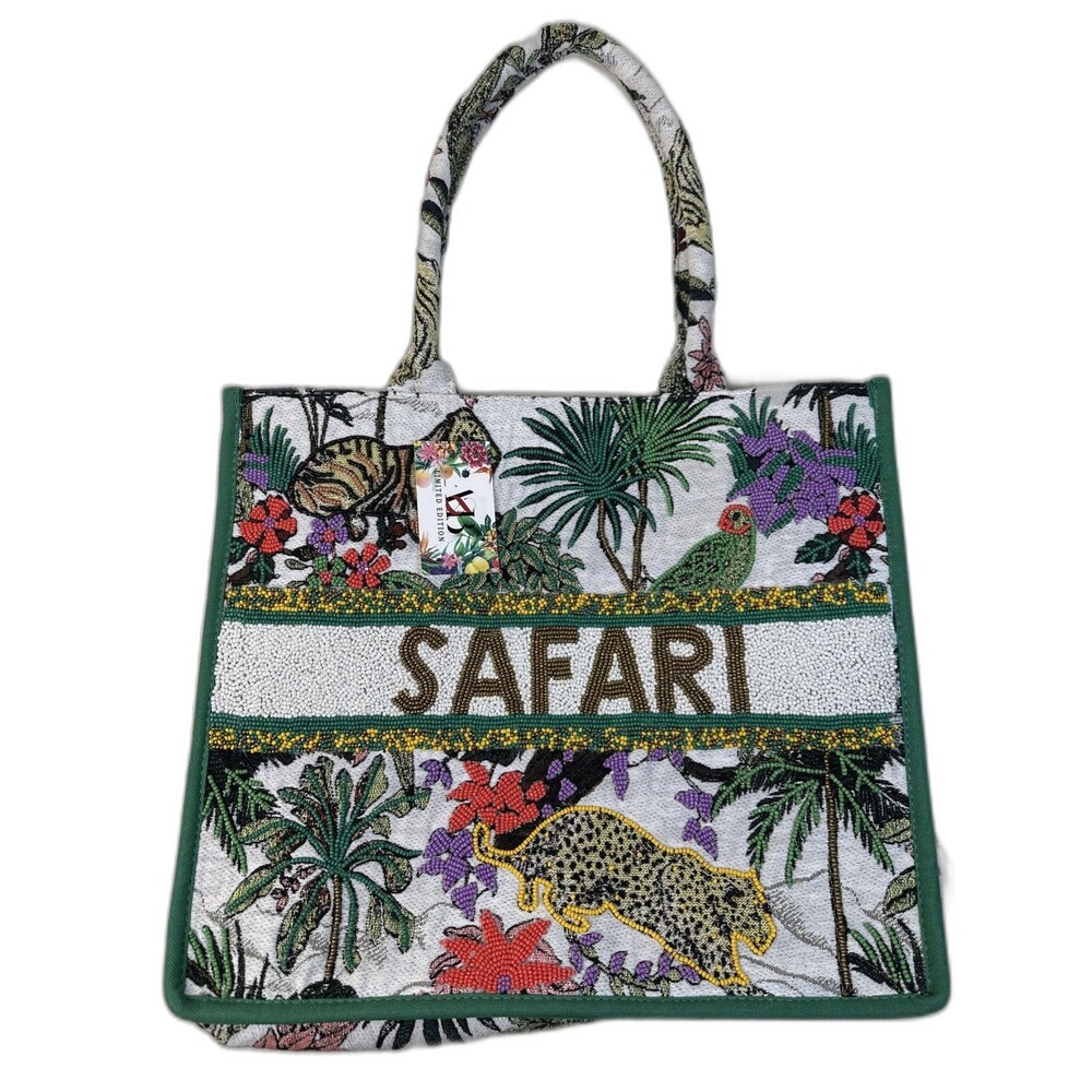 NWT America & Beyond African Safari Embellished Tote Bag Beaded Tiger Leopard